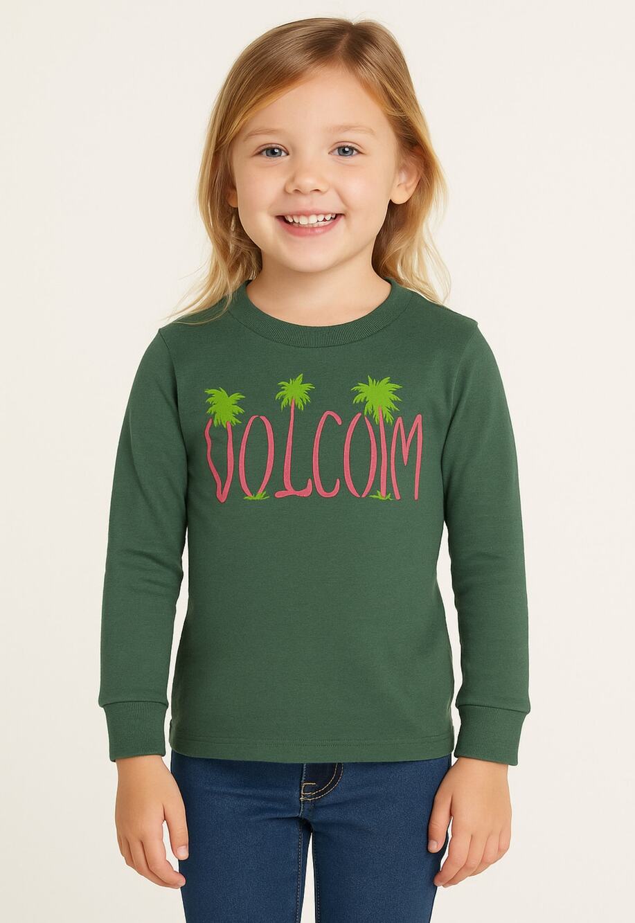Volcom Girls XXS 4 Green Long Sleeve Shirt Palm Tree Logo NWT Casual